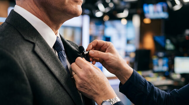 Close-up of a television crew member attaching a small lavalier microphone to a businessman in a suit for a news broadcast interview.