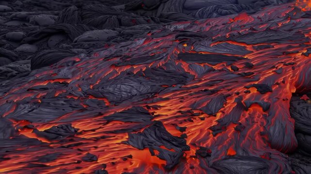 Slowly moving molten lava flow with cooling black basaltic surface textures and glowing red cracks revealing high temperature liquid rock during a volcanic eruption event.