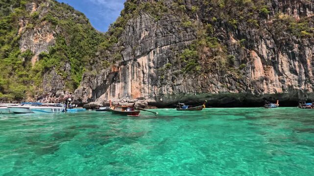 Tilt Up Shot Longtail Boats Phi Phi Lee Island Lagoon Thailand