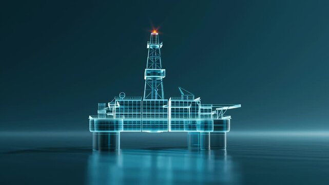 Digital rendering of an offshore oil drilling rig with illuminated beacon, showcasing detailed structure and design against a dark ocean background