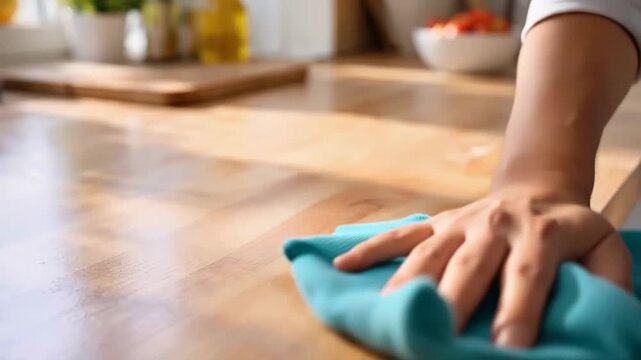 Hands are wiping down a wooden kitchen counter with a blue cloth in a well-lit kitchen area.