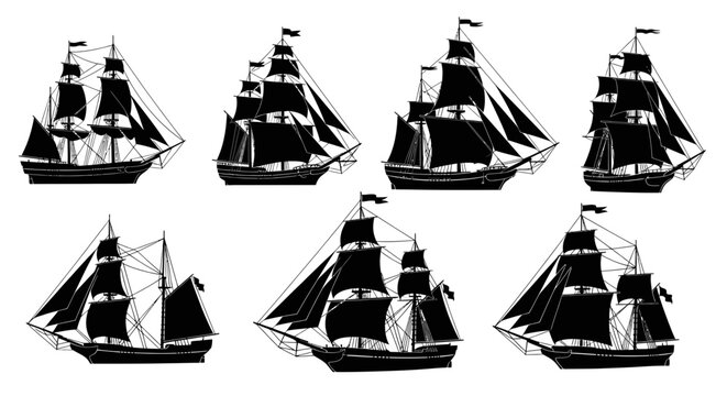 Collection of Vintage Sailing Ships Silhouette, Nautical Vector Art