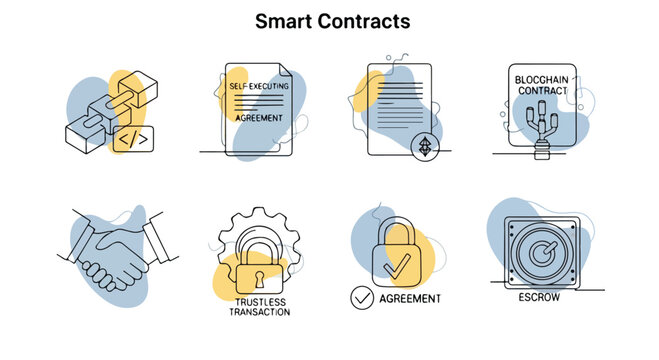 Smart Contracts blockchain icon set, self executing agreement vector elements, trustless transaction and escrow symbols for fintech and crypto business