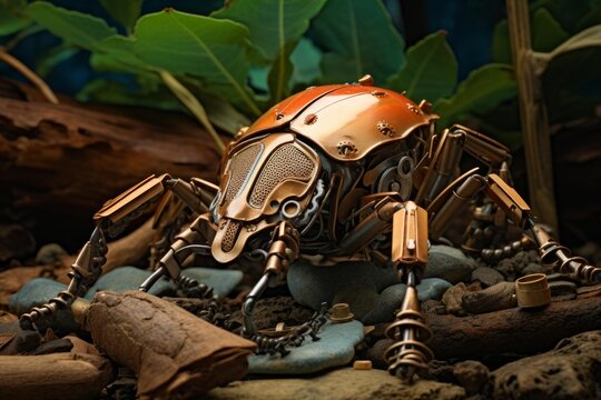 Ornate copper and brass robot insect exploring a natural environment with rocks and wood