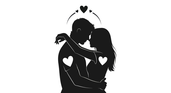 Couple Silhouette Hugging with Hearts, Romantic Love and Affection Symbol