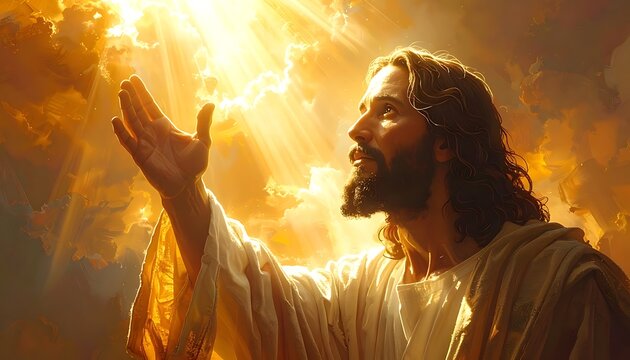 A man with long hair and a beard looks up at the sun