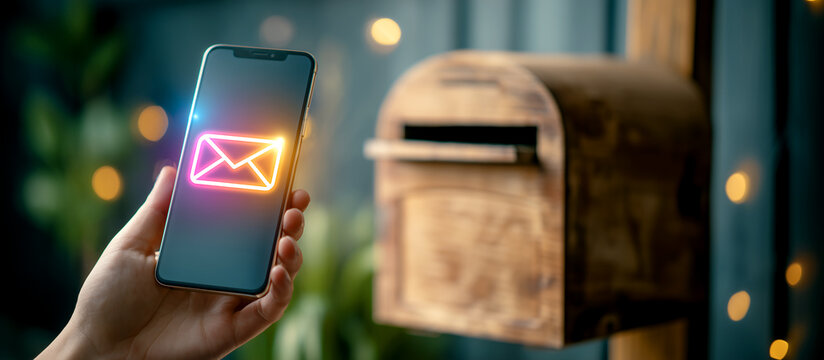 Cinematic close up of hand holding smartphone with glowing neon email icon against blurred vintage mailbox and bokeh lights