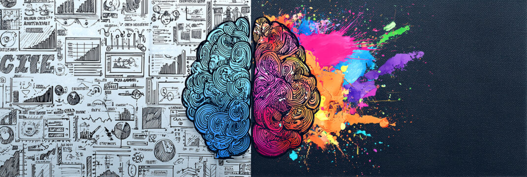 Creative and analytical brain concept illustration with mathematical formulas and colorful paint splashes