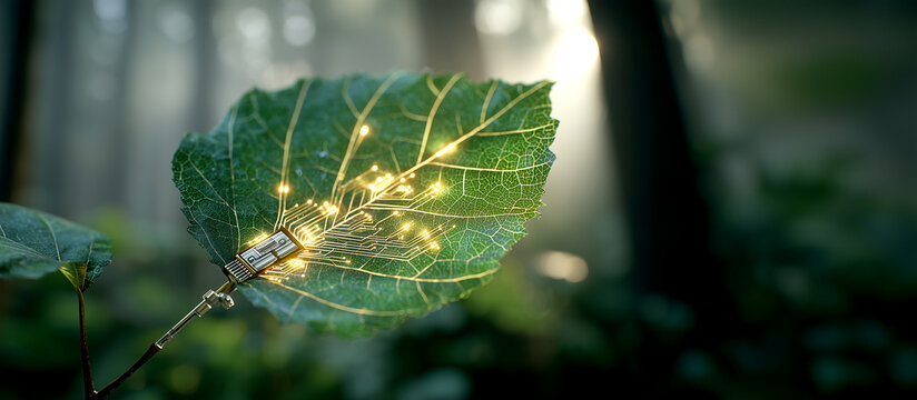 Cybernetic green leaf with a hardware chip connector and glowing golden electronic veins, futuristic biotechnology and renewable energy concept