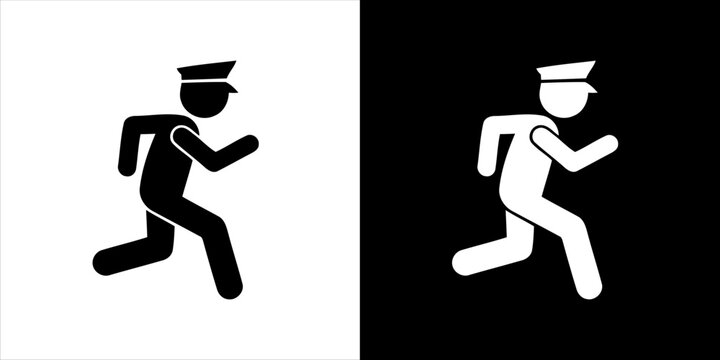 Police officer running icon illustration on white and black background