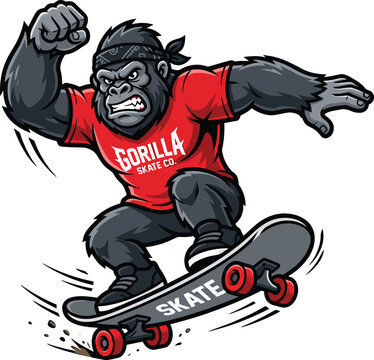 Cool Gorilla Mascot Character Riding Skateboard with Red Shirt and Bandana for Urban Streetwear Skate Brand Logo Designs