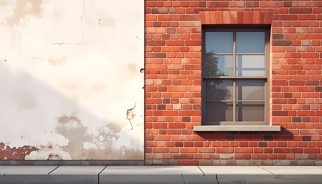 A red brick wall with a single window and concrete sidewalk