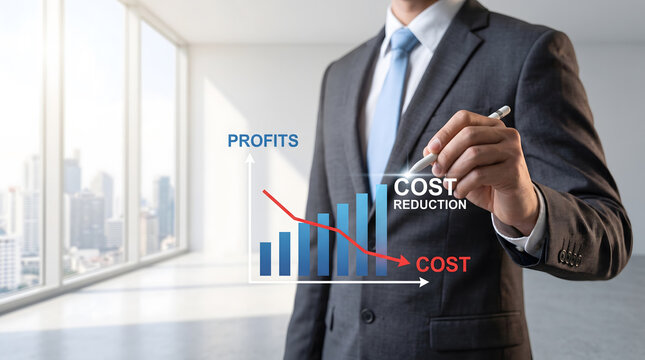 Cost reduction and profit maximization business concept. Businessman using a stylus pen to draw financial growth charts in a bright modern office.