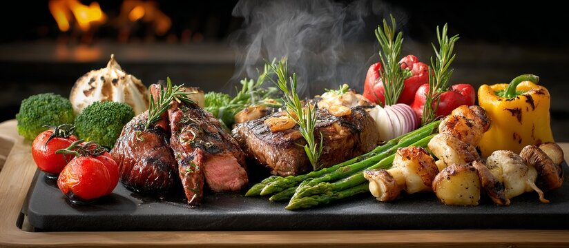 Savory Barbecue Delights with Fresh Vegetables and Aromatic Herbs