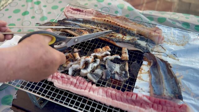 Delicious Korean style grilled freshwater eel and pork belly samgyupsal