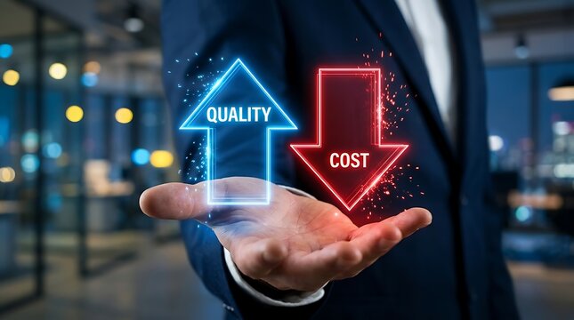 Businessman holds glowing quality and cost arrows symbolizing product optimization and financial balance strategy