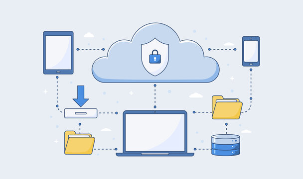 cloud-security-data-protection-network-devices-flat-vector