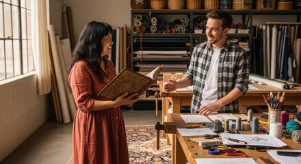 Fototapeta premium People discussing book indoors near worktable with various items and natural light