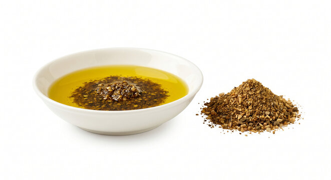 A small white bowl filled with dukkah olive oil mixed with aromatic zaatar spice blend and a separate pile of dry seasoning isolated on a clean white background