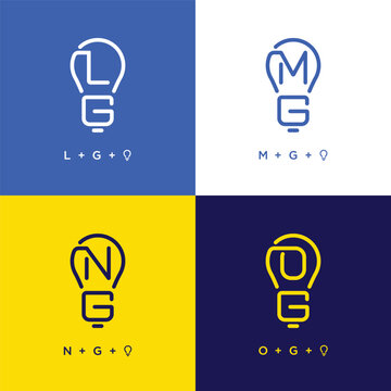 Set of initials letter LG, MG, NG, and OG abstract light bulb shape logo design. LG MG NG OG monogram simple lines logo collections