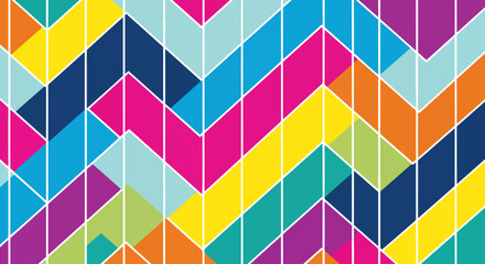 Vibrant geometric mosaic showcasing repeating colorful chevrons with striking artistic balance and depth effects. © nasajob