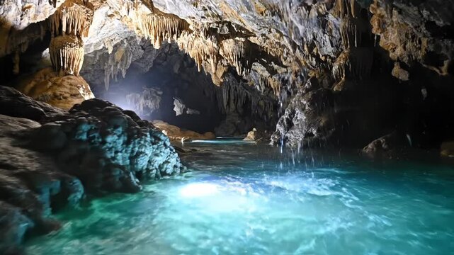 Interior view of a massive limestone cave showing a subterranean river with glowing blue water, numerous stalactites, stalagmites, rock formations, and a small internal waterfall.
