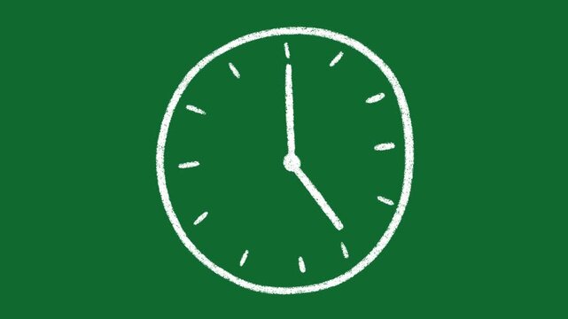 Hand Drawn Clock Showing 5 O Clock Animation on Green Screen Background