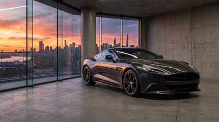 Obraz premium Dark grey luxury sports car parked indoors on a polished concrete floor. Large windows showcase a vibrant city skyline at sunset with a river view.