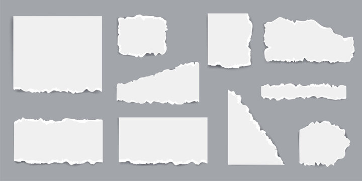 White torn paper frame with ripped edge and rough texture on grey background. Vector illustration of cut sheet piece with vintage torn effect for collage, scrapbook design and note mockup elements.