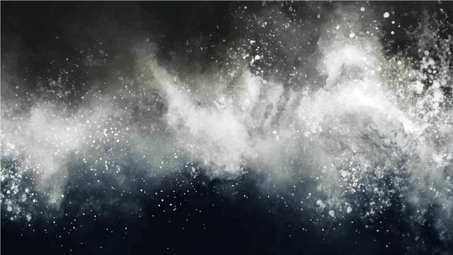 Explosion of white powder in dark background with dust particles floating.