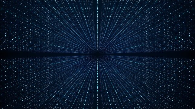 Symmetrical blue digital dot grid perspective looking down an endless data tunnel corridor.
