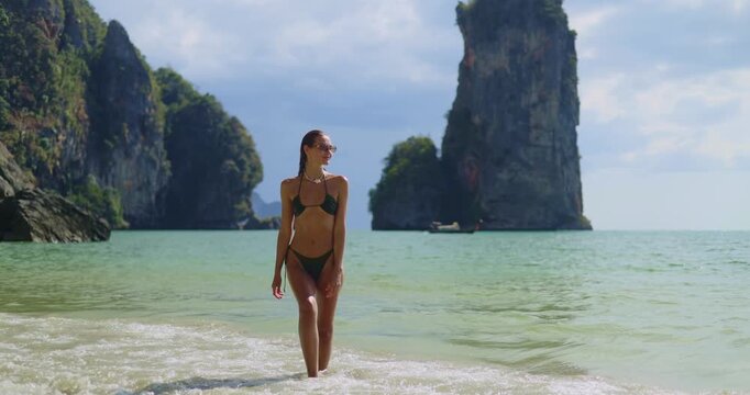 Slow Motion Woman Walking Out of Sea Pai Plong Bay Krabi