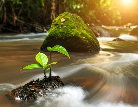 A small green plant grows on a rock in a serene river