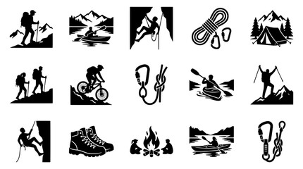 Fototapeta premium Adventure outdoor activities set with hiking, climbing, camping, and kayaking icons featuring silhouette, black, white with nature and exploration