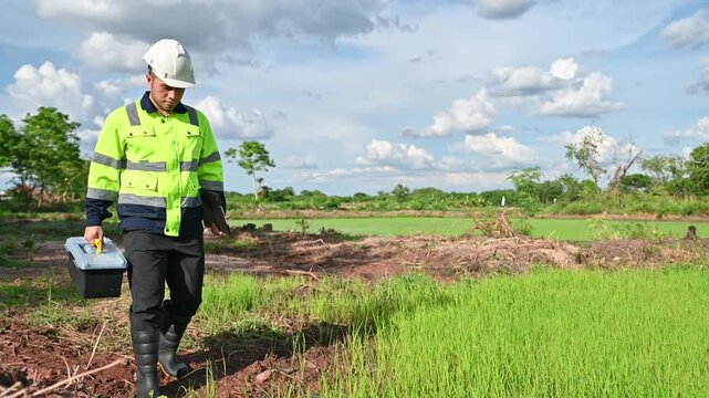 An environmental expert is examining the water in rice paddies for microscopic organisms.