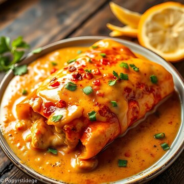 Sizzling chicken enchiladas with creamy sauce, cream, ||chicken