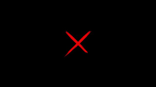Single bright green brush stroke check mark and three cross mark animation on black background
