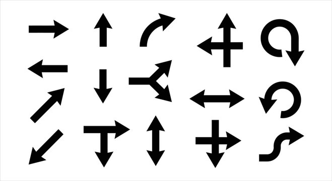 Collection of various directional arrows in black and white design