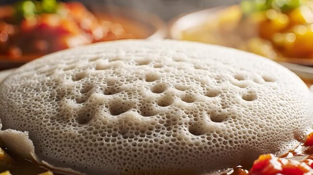Delicious Ethiopian Injera Bread with Stews CloseUp.