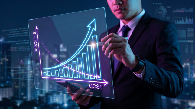 Profit increase and cost reduction business concept. Businessman using a stylus on a futuristic transparent screen showing financial growth graphs.