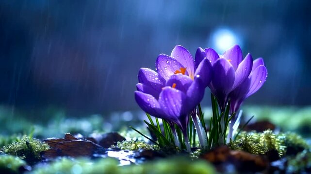 Vibrant purple crocuses bloom in rainy garden setting (1)