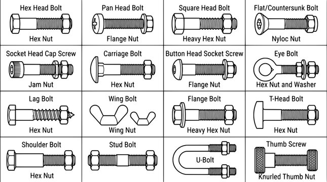 Bolts and nuts set with various types and styles for industrial use featuring hex head bolt, pan head bolt, square head bolt with flat countersunk