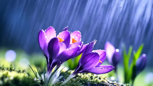 Vibrant purple crocuses blooming in rain-soaked garden