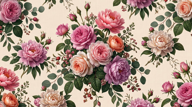 Seamless vintage floral pattern with blooming pink roses and green leaves