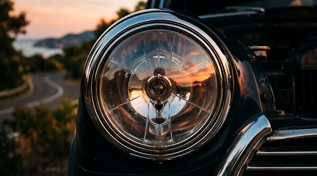 Close-up of a vintage car's round chrome headlight reflecting a sunset over a winding coastal road