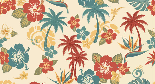 Vintage tropical seamless pattern with palm trees and hibiscus flowers, retro aloha floral background, summer botanical vector illustration