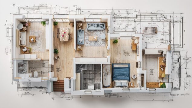 Top-down view of a modern apartment floor plan with furniture and architectural drawings.