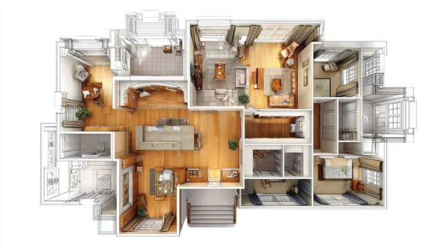 Detailed Architectural Floor Plan Rendering of a Modern Home Interior.