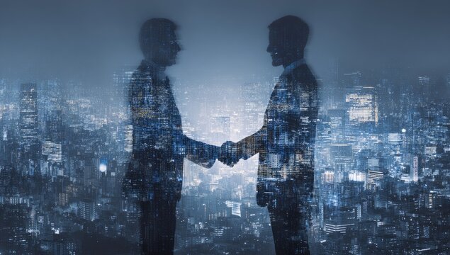 Businessmen shaking hands with a city skyline overlay symbolizing partnership and success.