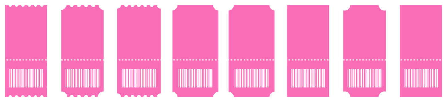 Pink ticket stub icon collection featuring barcode labels, cinema passes, event coupons and admission tickets in clean flat vector style. For entertainment, concerts, travel and booking systems.